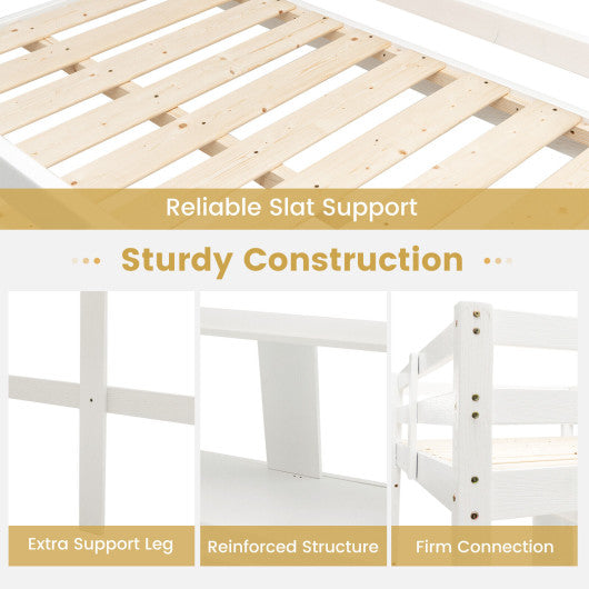 Twin Size Solid Wood Slatted Loft Bed Frame with Safety Guardrail for Kid-White