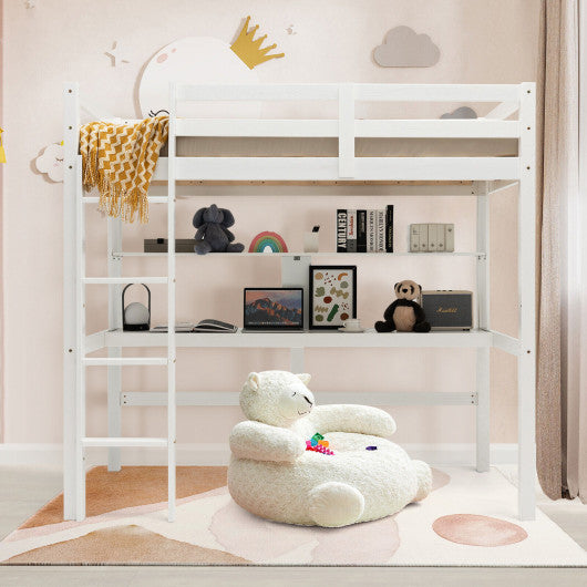 Twin Size Solid Wood Slatted Loft Bed Frame with Safety Guardrail for Kid-White