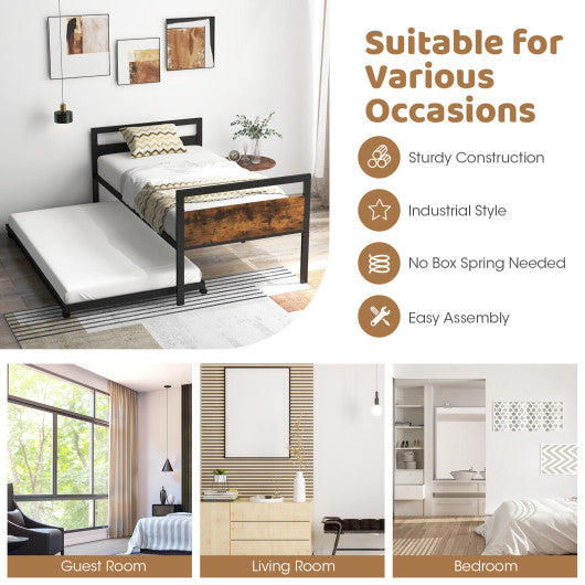 Twin Metal Daybed with Trundle Lockable Wheels-Twin Size