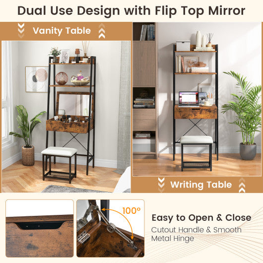 Ladder Vanity Desk Set with Flip Top Mirror and Cushioned Stool-Black