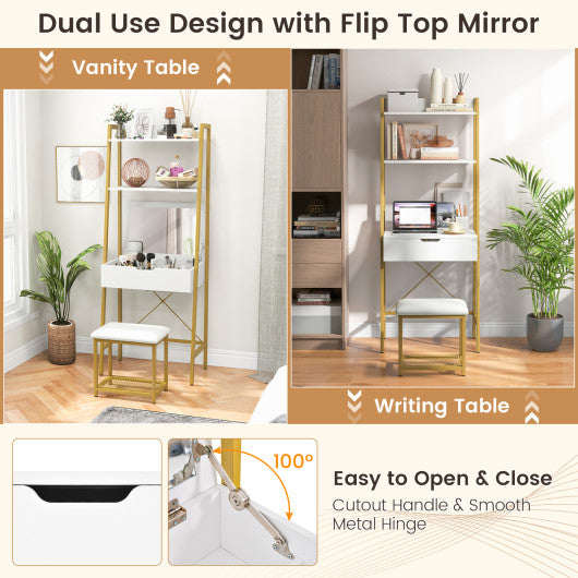 Ladder Vanity Desk Set with Flip Top Mirror and Cushioned Stool-Golden