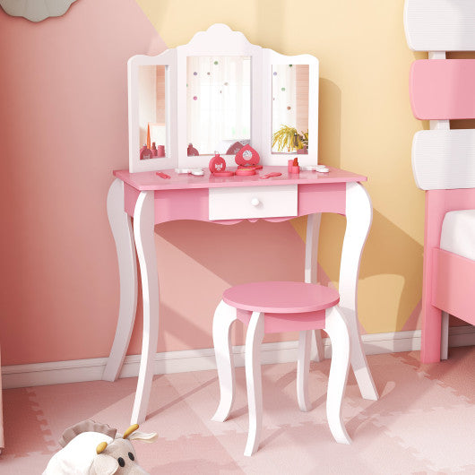 Kid's Wooden Vanity Table and Stool Set with 3-Panel Acrylic Mirror-White