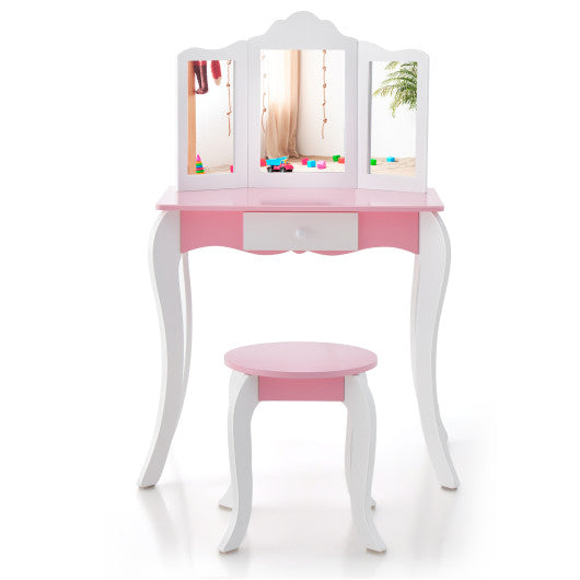 Kid's Wooden Vanity Table and Stool Set with 3-Panel Acrylic Mirror-White