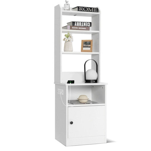 6-Tier Bookshelf with Charging Station and Cabinet-White