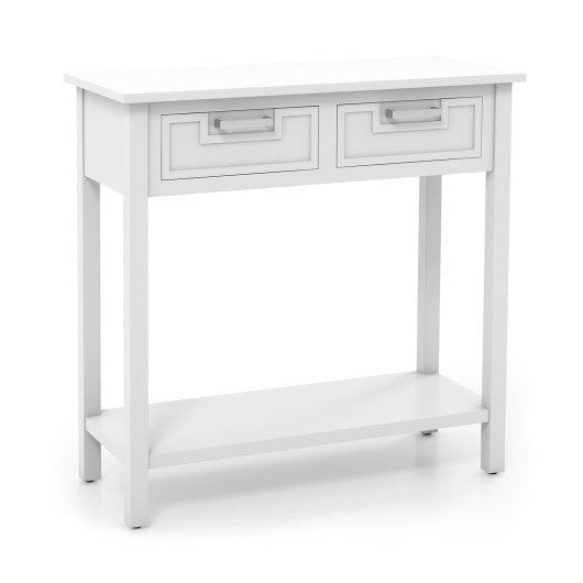 Narrow Console Table with Drawers and Open Storage Shelf-White
