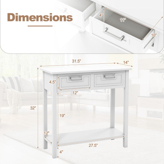Narrow Console Table with Drawers and Open Storage Shelf-White