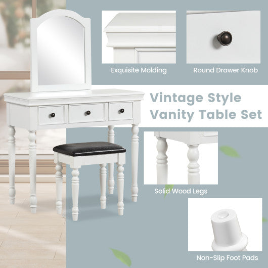 Makeup Vanity Table and Stool Set with Detachable Mirror and 3 Drawers Storage-White
