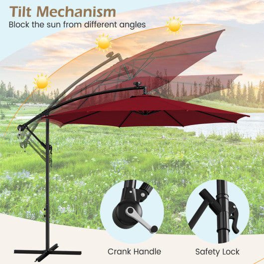10 Feet Patio Offset Umbrella with 112 Solar-Powered LED Lights-Beige-Wine