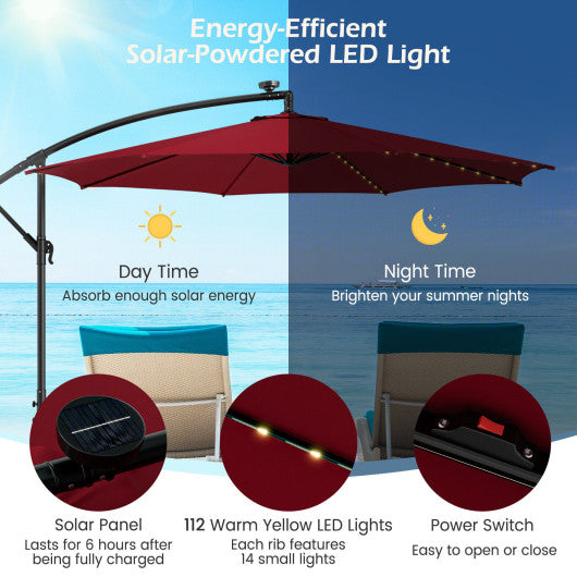 10 Feet Patio Offset Umbrella with 112 Solar-Powered LED Lights-Beige-Wine