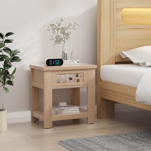 Wood Retro End Table with Mirrored Glass Drawer and Open Storage Shelf-Natural