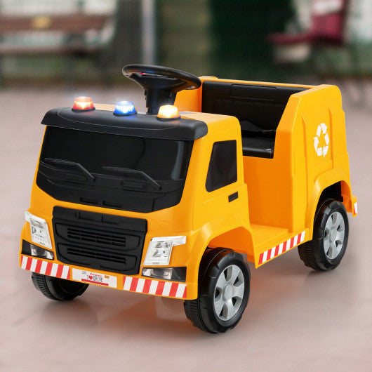 12V Kids Ride-on Garbage Truck with Warning Lights and 6 Recycling Accessories-Yellow