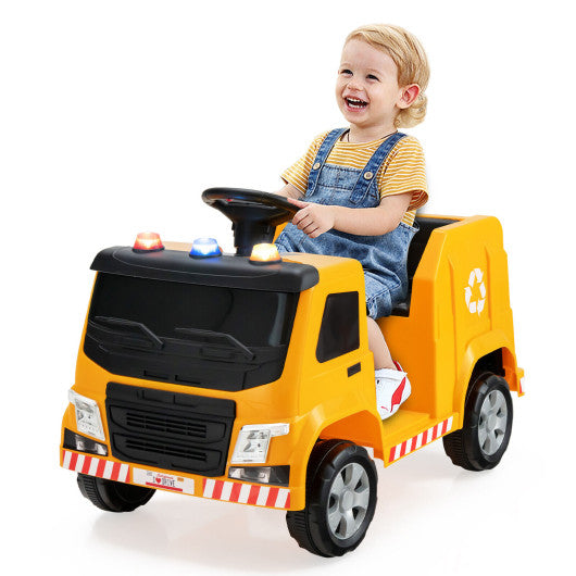 12V Kids Ride-on Garbage Truck with Warning Lights and 6 Recycling Accessories-Yellow