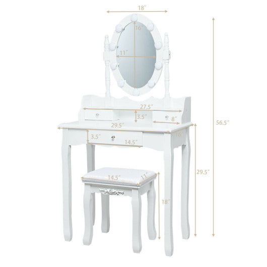 Oval Mirror Vanity Set with 10 LED Dimmable Bulbs and 3 Drawers-White