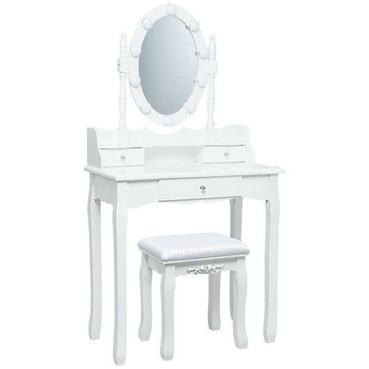 Oval Mirror Vanity Set with 10 LED Dimmable Bulbs and 3 Drawers-White