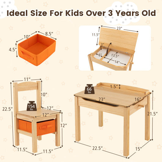 Wood Activity Kids Table and Chair Set with Storage Space-Natrual