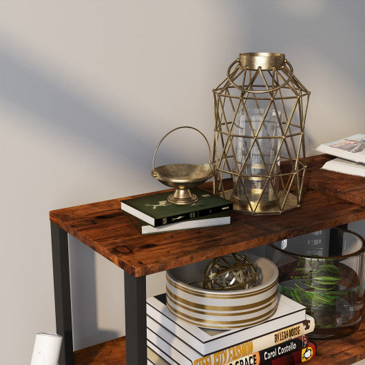 360° Rotating Sofa Side Table with Storage Shelves and Wheels-Rustic Brown