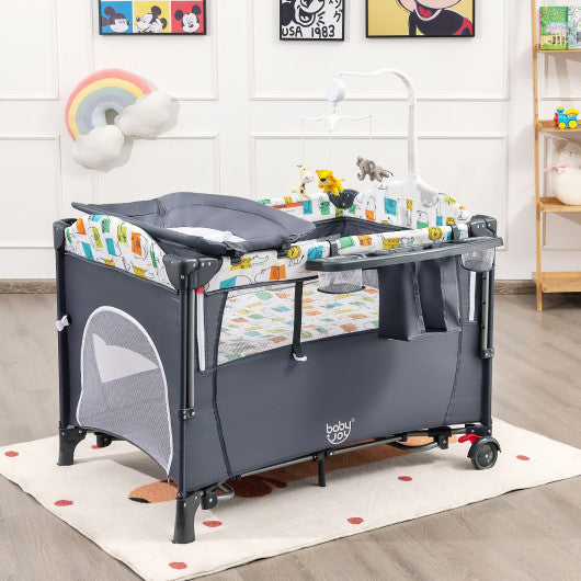5-in-1 Baby Nursery Center Foldable Toddler Bedside Crib with Music Box