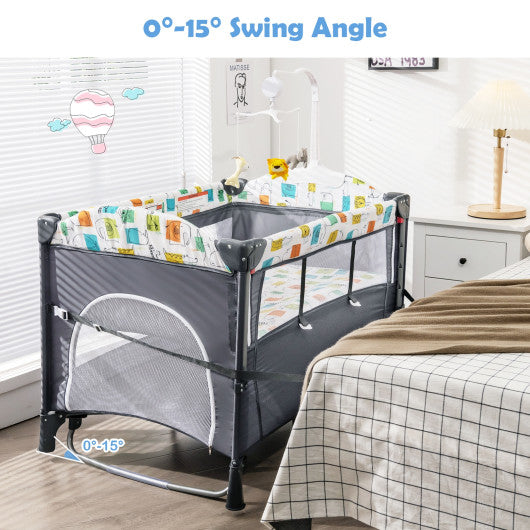 5-in-1 Baby Nursery Center Foldable Toddler Bedside Crib with Music Box