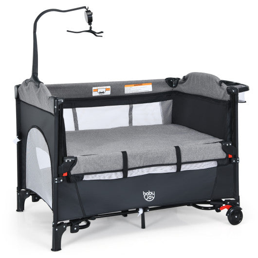5-in-1 Baby Nursery Center Foldable Toddler Bedside Crib with Music Box-Black