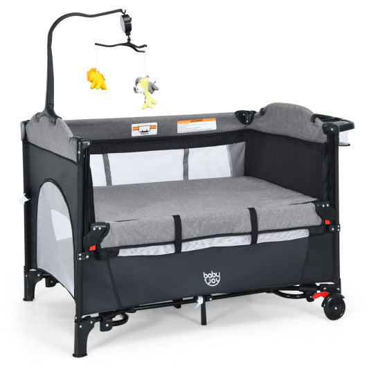 5-in-1 Baby Nursery Center Foldable Toddler Bedside Crib with Music Box-Black