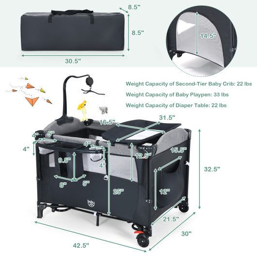 5-in-1 Baby Nursery Center Foldable Toddler Bedside Crib with Music Box-Black