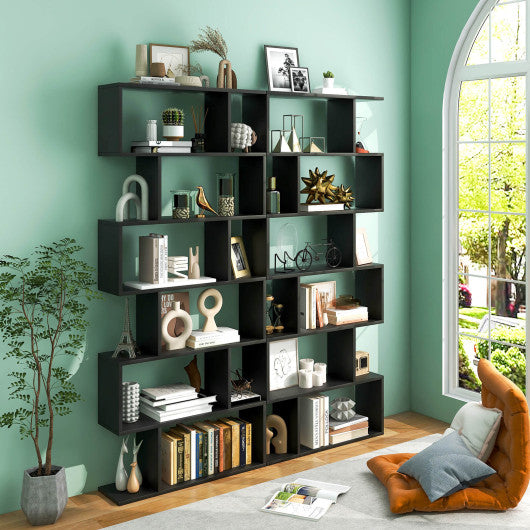 6 Tier S-Shaped Bookshelf Storage Display Bookcase Decor Z-Shelf -Black