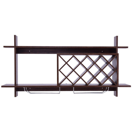 Wall Mount Wine Rack with Glass Holder & Storage Shelf-Walnut