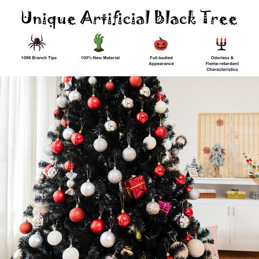 Black Artificial Christmas Halloween Tree with Purple LED Lights-7'