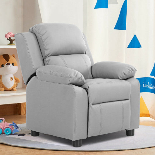 Kids Deluxe Headrest Recliner Sofa Chair with Storage Arms-Gray