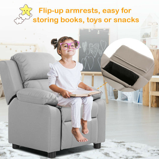 Kids Deluxe Headrest Recliner Sofa Chair with Storage Arms-Gray
