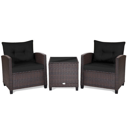 3 Pcs Patio Rattan Furniture Set Cushioned Conversation Set Coffee Table -Black
