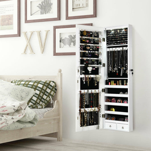 Wall and Door Mounted Mirrored Jewelry Cabinet with Lights-White