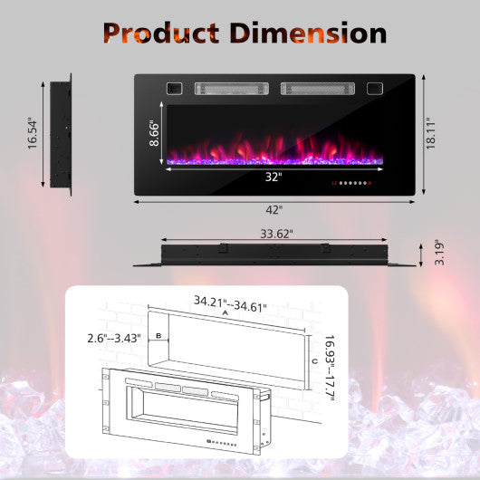 42 Inch Ultra-Thin Electric Fireplace with Decorative Crystals and Smart APP Control-42 inch