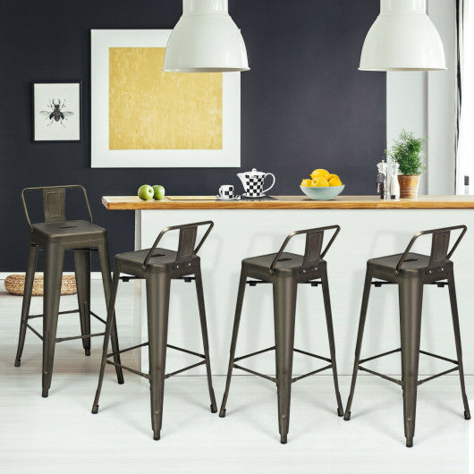 30 Inch Set of 4 Metal Counter Height Barstools with Low Back and Rubber Feet-Gun