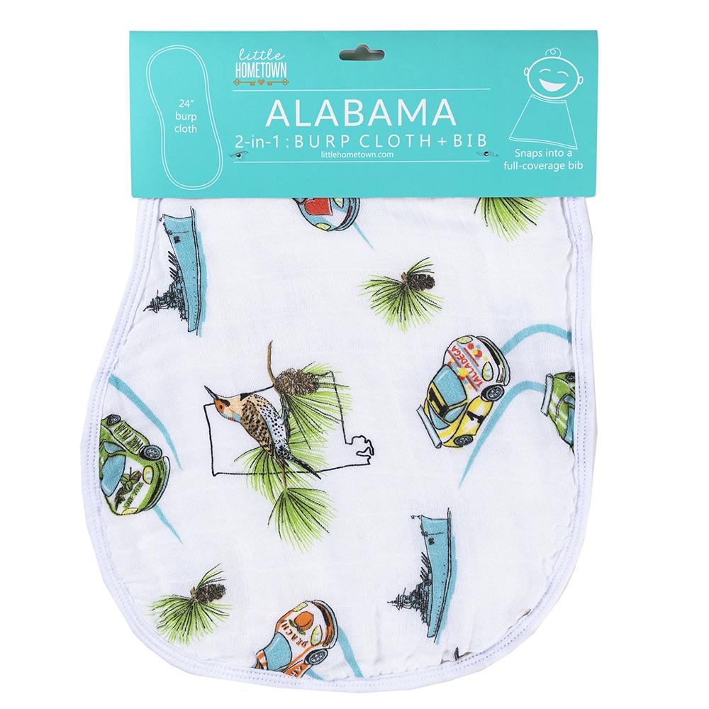 Gift Set: Alabama Baby Muslin Swaddle Blanket and Burp Cloth/Bib Combo by Little Hometown
