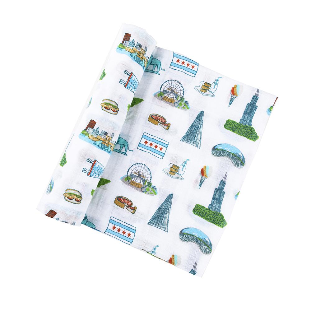 Gift Set: Chicago Baby Muslin Swaddle Blanket and Burp Cloth/Bib Combo by Little Hometown