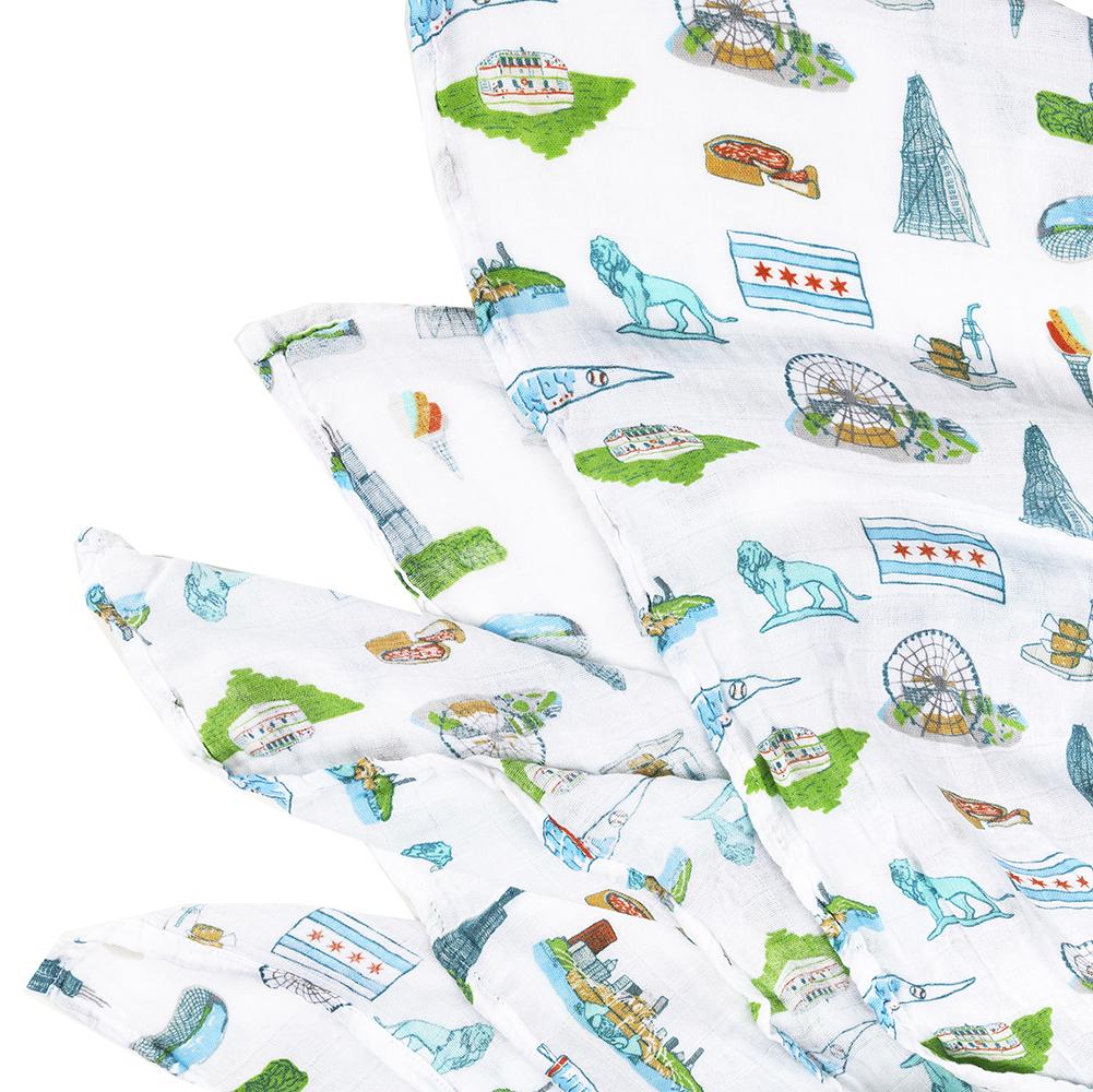 Gift Set: Chicago Baby Muslin Swaddle Blanket and Burp Cloth/Bib Combo by Little Hometown