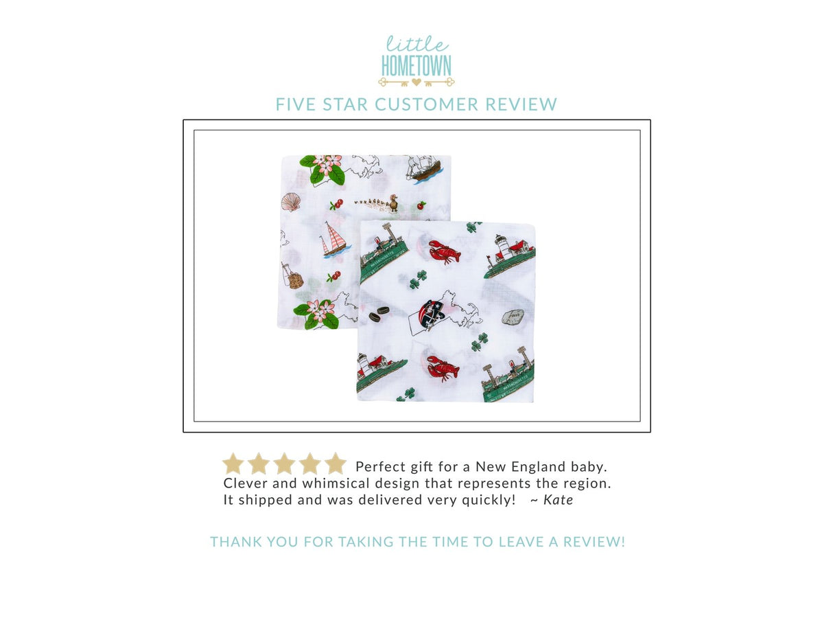 Gift Set: Massachusetts Girl Baby Muslin Swaddle Blanket and Burp Cloth/Bib Combo by Little Hometown