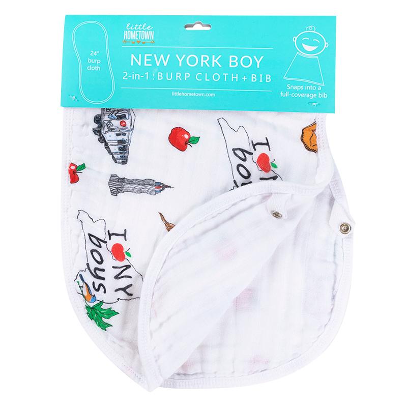 Gift Set: New York Baby Boy Muslin Swaddle Blanket and Burp Cloth/Bib Combo by Little Hometown
