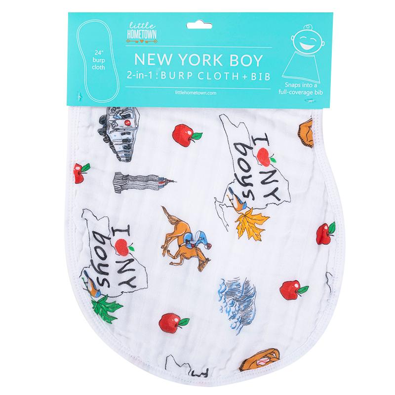 Gift Set: New York Baby Boy Muslin Swaddle Blanket and Burp Cloth/Bib Combo by Little Hometown