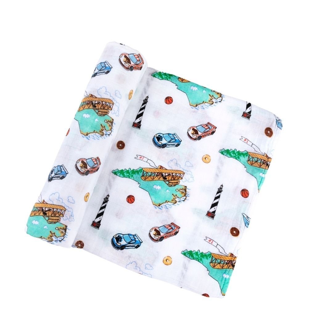 Gift Set: North Carolina Baby Muslin Swaddle Blanket and Burp Cloth/Bib Combo by Little Hometown