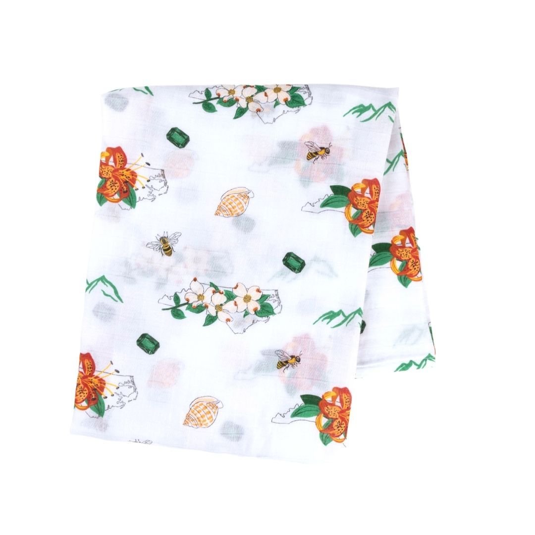 Gift Set: North Carolina Baby Muslin Swaddle Blanket and Burp Cloth/Bib Combo (Floral) by Little Hometown