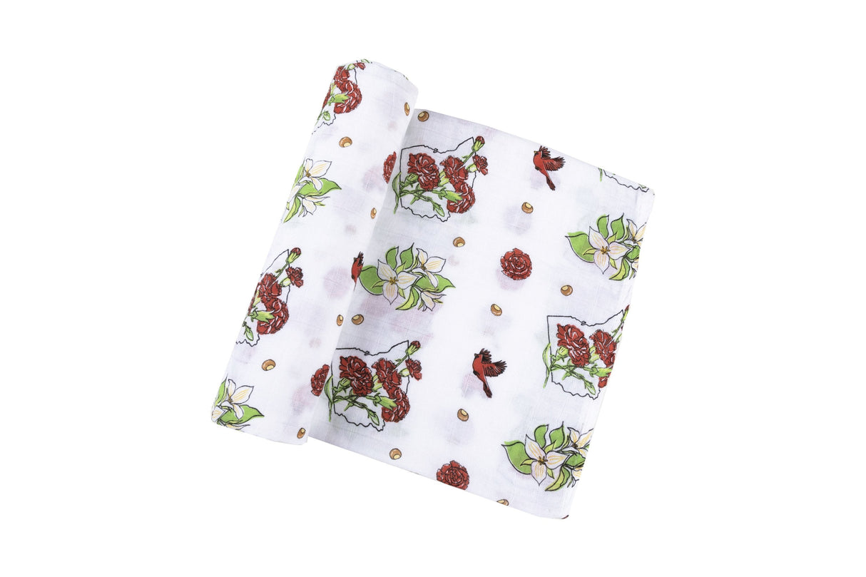 Gift Set: Ohio Baby Muslin Swaddle Receiving Blanket (Floral) and Burp/Bib Combo by Little Hometown