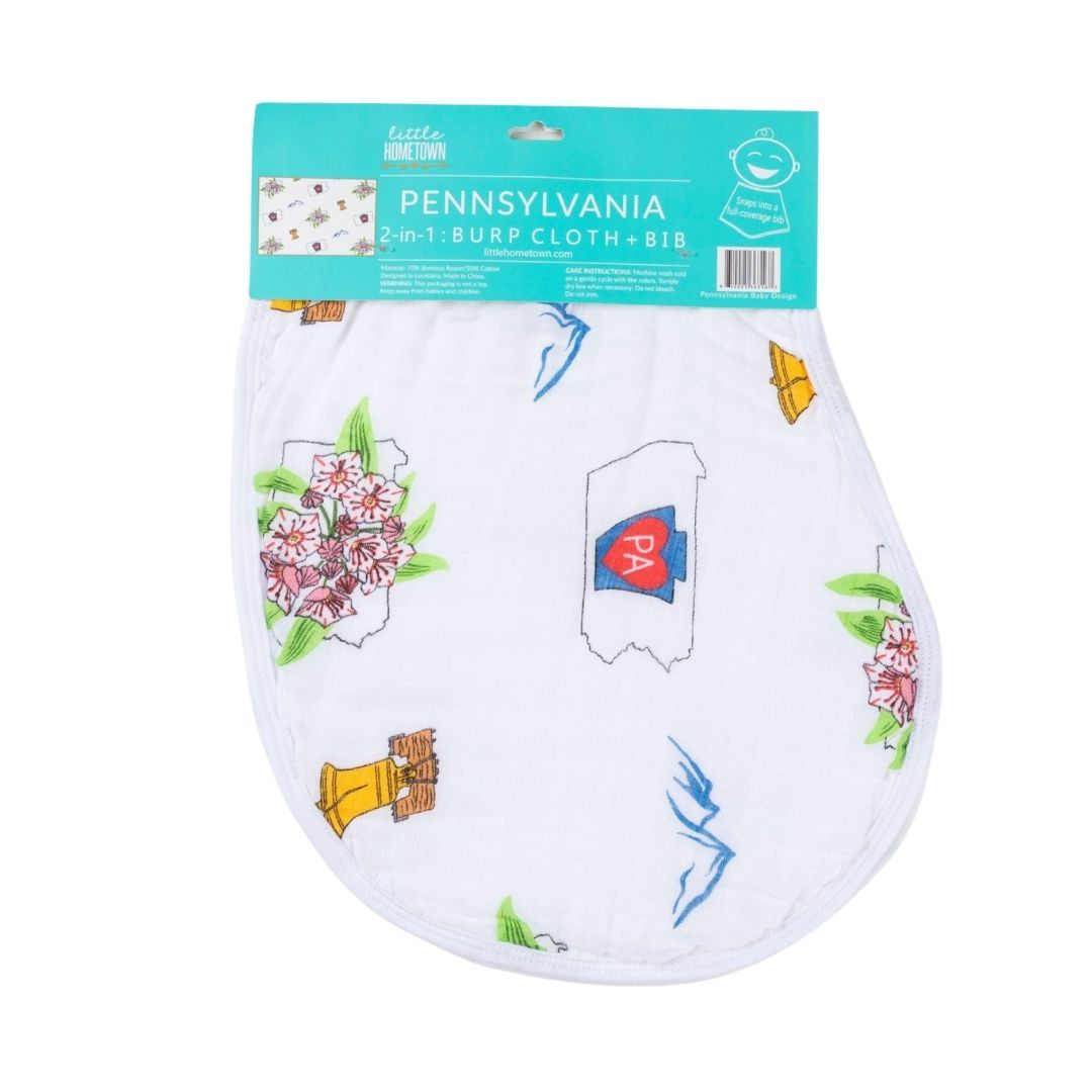 Gift Set: Pennsylvania Baby Muslin Swaddle Blanket and Burp Cloth/Bib Combo by Little Hometown