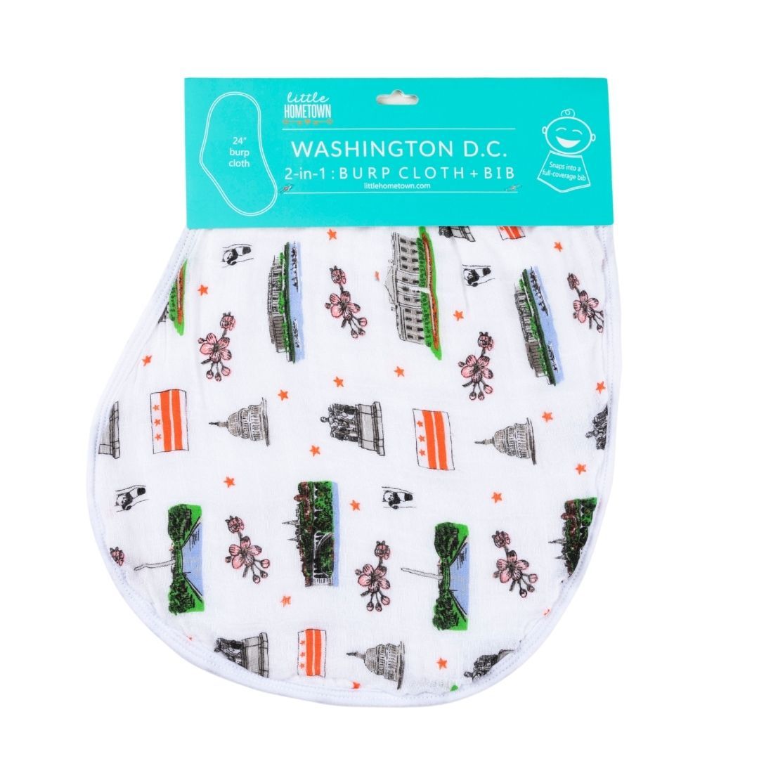 Gift Set: Washington D.C. Baby Muslin Swaddle Blanket and Burp Cloth/Bib Combo by Little Hometown
