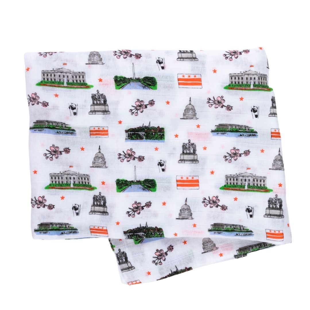 Gift Set: Washington D.C. Baby Muslin Swaddle Blanket and Burp Cloth/Bib Combo by Little Hometown