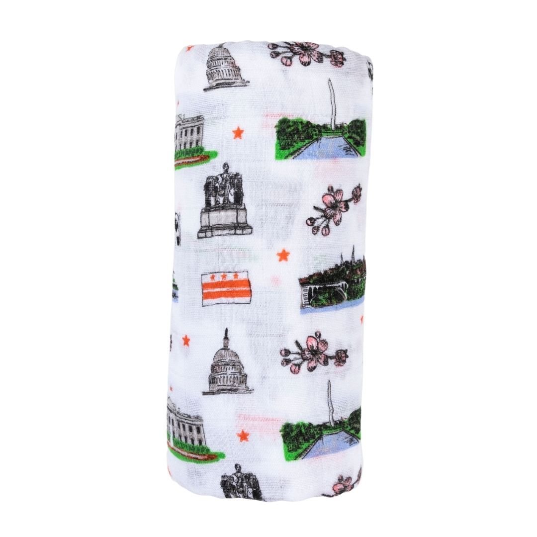 Gift Set: Washington D.C. Baby Muslin Swaddle Blanket and Burp Cloth/Bib Combo by Little Hometown