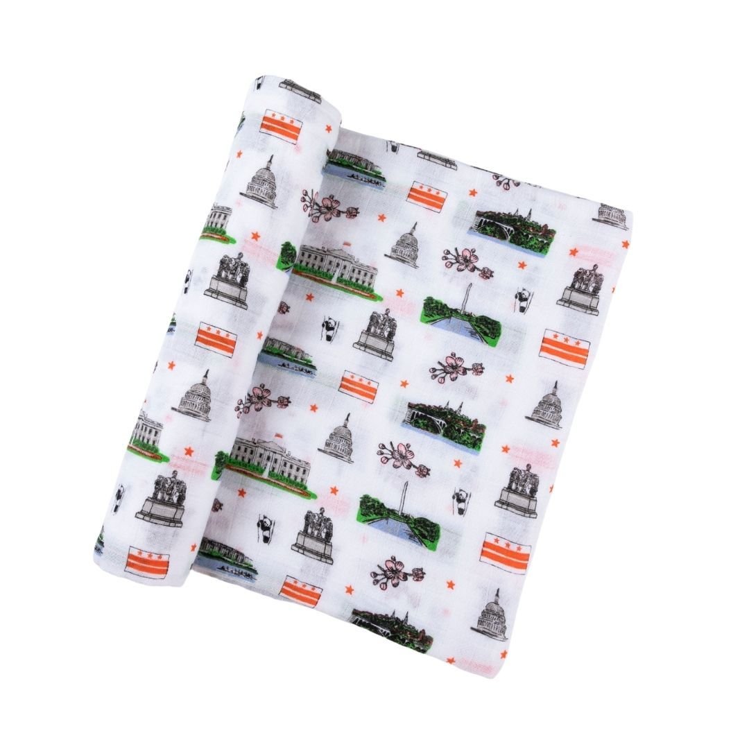 Gift Set: Washington D.C. Baby Muslin Swaddle Blanket and Burp Cloth/Bib Combo by Little Hometown