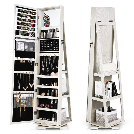 360 ° Rotatable 2-in-1 Lockable Jewelry Cabinet with Full-Length Mirror-White