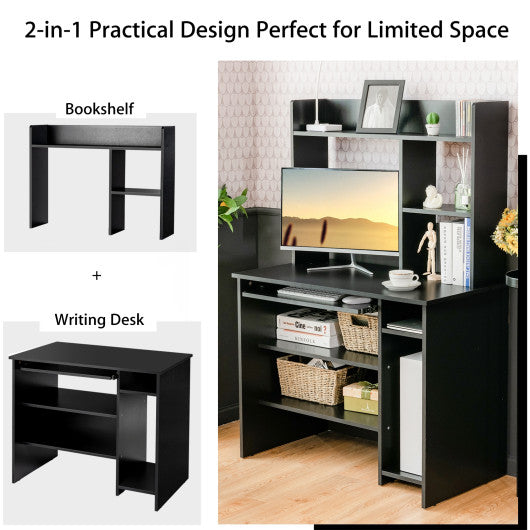 Home Office Computer Desk with Bookcase Keyboard Tray and CPU Stand-Black